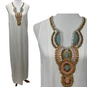 Floryday long white sleeveless white maxi column dress. Medium. Beaded neckline